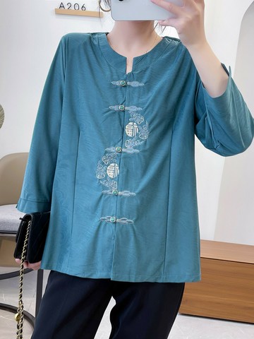 惠衣閣初秋女九分袖襯衫刺繡襯衫韓版寬松彈力舒適襯衣上衣媽媽裝