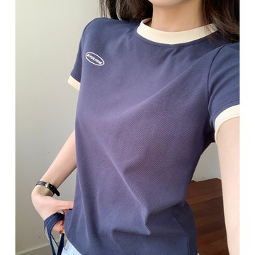 【遇見美衣】純棉復古撞色圓領短袖T恤女2026新款正肩寬鬆顯瘦印花上衣