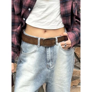 川川也美式復古花紋棕色系做舊百搭皮帶穿搭裝飾腰帶潮牌男女褲帶