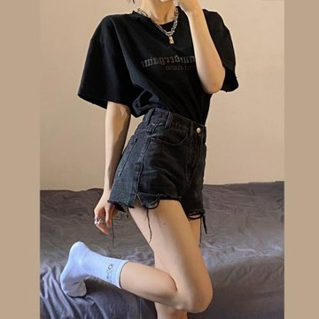 黑色美式夏高腰a字牛仔短褲女大碼胖mm辣妹女孩穿搭顯瘦熱褲子