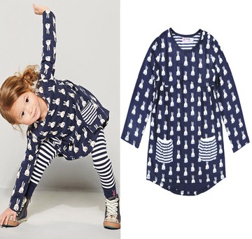 復活節新款其他春秋季長袖圓領卡通小兔子印花公主裙中小童裙子