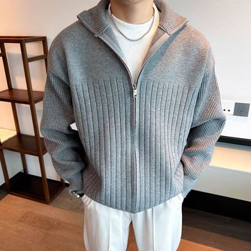 簡約高級感素色拉鍊小外套男 復古慵懶寬鬆針織衫高領毛衣2025年潮牌