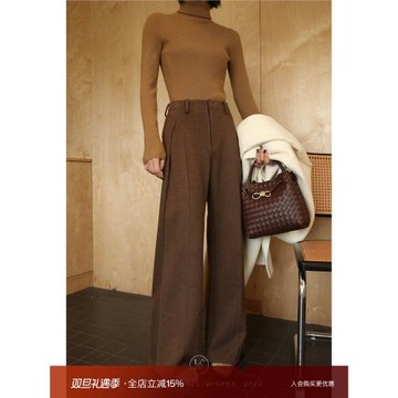 鷺青一【且忘憂】復古垂感毛呢休閑褲女秋冬棕色寬松羊毛闊腿褲子