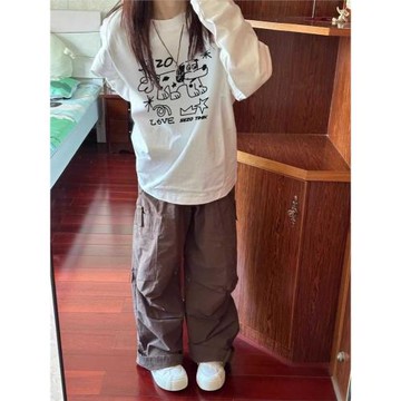 重磅純棉美式復古白色長袖t恤女2025新款爆款春秋季寬松內搭上衣