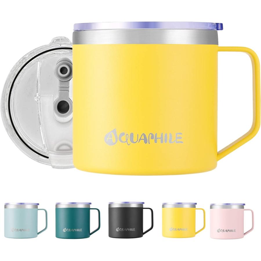 AQUAPHILE 14oz Stainless Steel Insulated Coffee Mug with Handle  Double Walled Vacuum Travel Cup with Lid  Reusable Thermal Coffee Cup  Portable Co