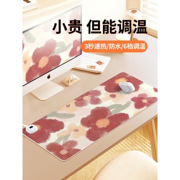 簡約水彩小花加熱鼠標墊usb暖桌墊超大號防水防污冬季取暖防凍手筆記本電腦鍵盤墊手腕托辦公桌面墊左側開關