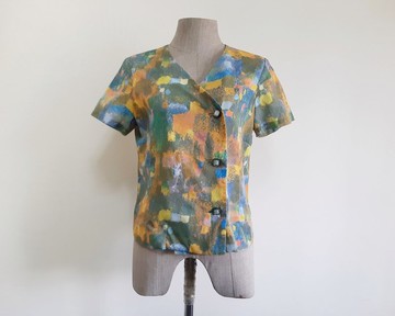 復古抽象印花女士短袖上衣 S 碼