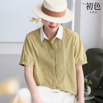 初色 文藝休閒簡約寬鬆顯瘦撞色風琴褶單排釦翻領短袖襯衫上衣女上衣-黃綠色-14972(M-2XL可選)