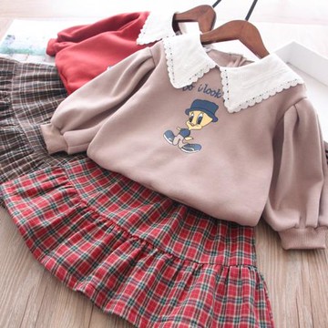 秋冬新款女童可愛卡通抓絨衛衣加絨小格子半身裙兩件套裝