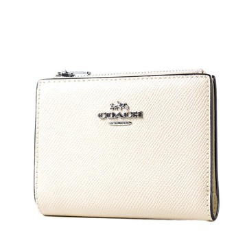 COACH 防刮皮革釦式對開短夾-米白