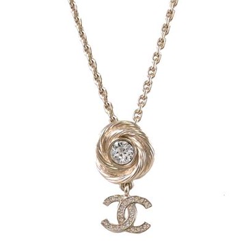 CHANEL 雙C LOGO漩渦造型水鑽吊墜鎖骨鍊/項鍊(淡金)