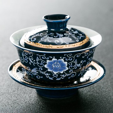 霽藍釉三才蓋碗茶杯陶瓷大號青花瓷泡茶碗敬茶碗復古功夫茶具