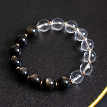 白水晶黑曜石手鍊|黑曜石14k包金手鏈 天然石水晶客製化禮物