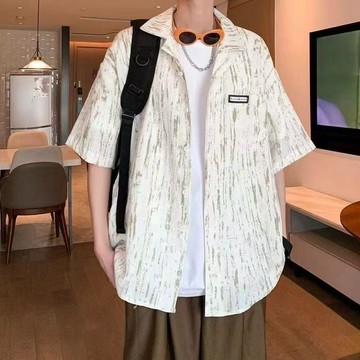 美式扎染夏季新款青少年潮牌寬鬆短袖休閒襯衫設計條紋襯衫男短袖 涼感 吸排 運動健身 排汗衫 衫高級感t恤半袖上衣潮吸濕