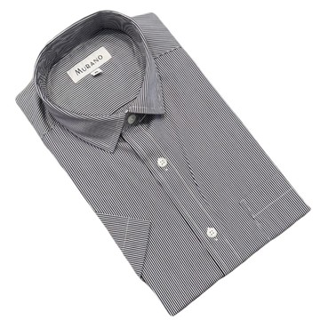 [MURANO] 彈力修身短袖襯衫-黑細條