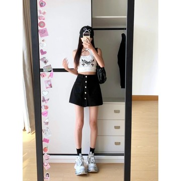 VKJ-6240  XS-2XL 牛仔短褲裙女春夏新款高腰假兩件防走光闊腿a字包臀半身短裙褲子