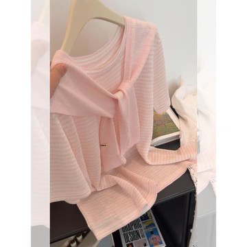 (免運)韓系粉色條紋冰絲針織短袖t恤女夏季薄款小個子披肩上衣兩件套裝