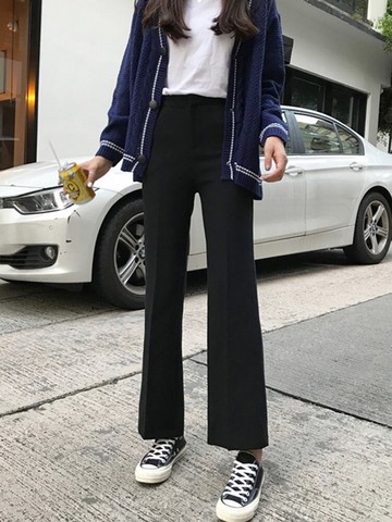 秋冬新款韓版高腰休閑褲女百搭寬松黑色西裝褲直筒闊腿微喇叭褲子1入