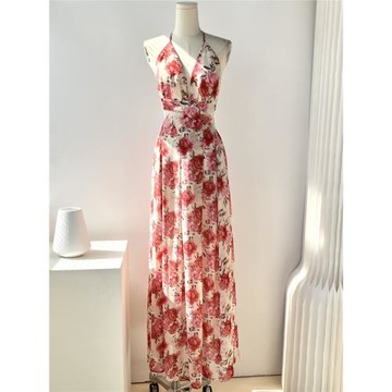 外貿原單 雪紡碎花度假女連衣裙大露背鏤空綁帶高腰開衩大擺長裙