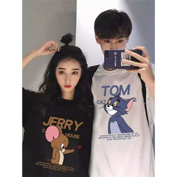 夏季黑白重磅純棉卡通貓和老鼠印花不一樣情侶裝高級感短袖男T恤