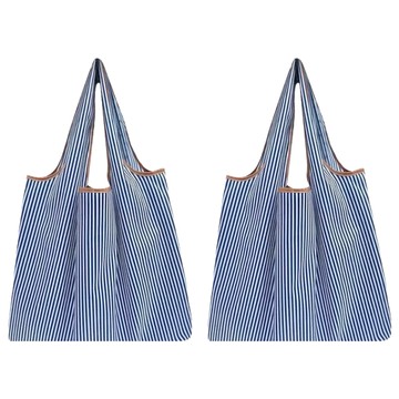FIFIOO 環保摺疊購物袋 超質感加厚 38x40cm 大容量 39g  藍白條紋  2個