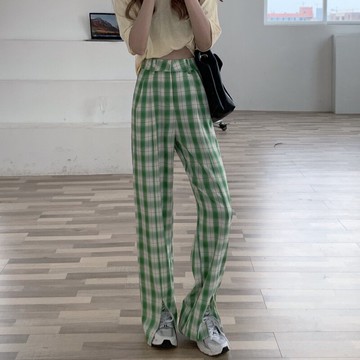 直筒闊腿開叉格子休閑褲子女夏季年新款韓版高腰顯瘦百搭長褲