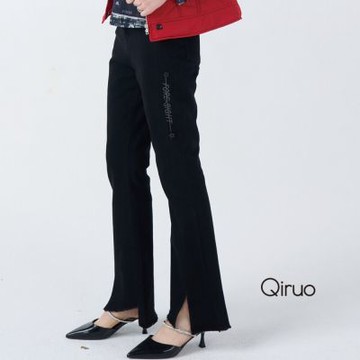 Qiruo 奇若秋冬專櫃黑色小喇叭褲4007C 褲管開叉造型設計