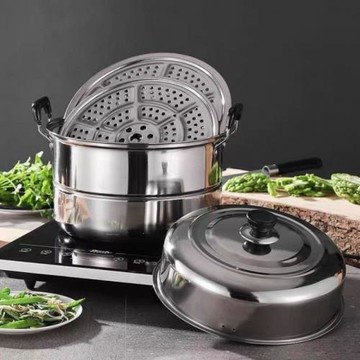 加厚不銹鋼蒸鍋雙層家用湯鍋燉鍋火鍋蒸饅頭蒸籠電磁爐煤氣鍋28cm