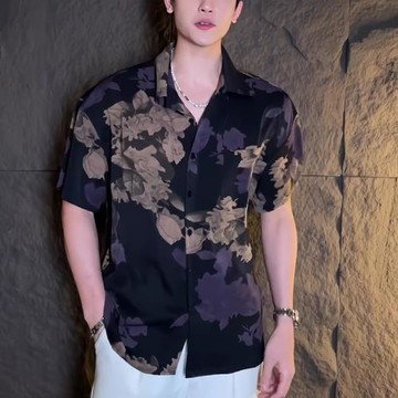 (免運)2025夏新款印花短袖襯衣時尚潮牌休閑寬松冰絲大碼正肩男上衣襯衫