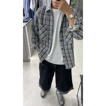 ［J’UNIQUE] 韓版 秋冬 編織 格紋襯衫 男裝 長袖襯衫 男生襯衫