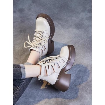 厚底涼鞋女2024年新款夏季透氣馬丁涼靴真皮包頭小個子增高鞋子女