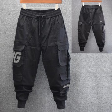 港風工裝褲男潮牌ins痞帥束腳褲松緊腰多口袋寬松黑色機能哈倫褲