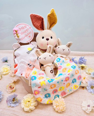 彩虹小象搖籃滿月禮/彌月禮盒/生日/新生兒/送禮/口水巾