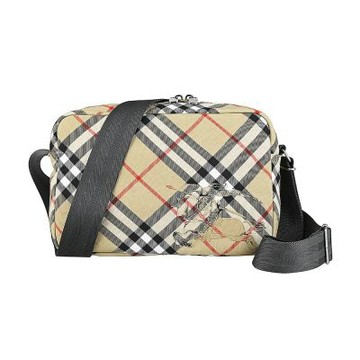 BURBERRY 戰馬標誌LOGO拼接格紋帆布雙拉鍊肩背斜背包(淺褐)