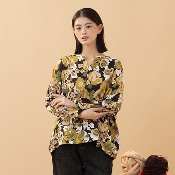 【MOSS CLUB】水彩花繪印花V領長袖打褶上衣 黑 咖