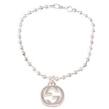GUCCI 479226 Interlocking G 標誌墜飾圓珠純銀手鍊.銀