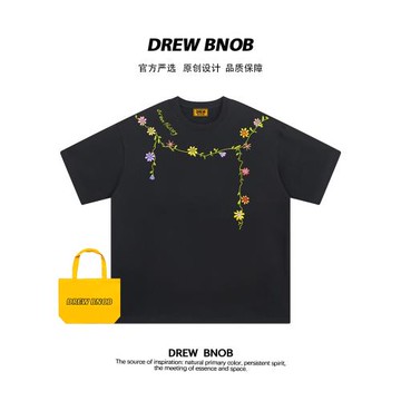 DREWBNOB美式潮牌花卉項鏈印花短袖t恤男女休閑寬松情侶上衣INS
