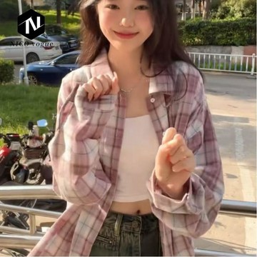 【Nico】格子復古休閒美式襯衫紫色外套新款設計寬鬆長袖防曬上衣襯衣