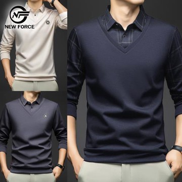 NEW FORCE 紳士假兩件V領休閒長袖上衣-多色可選