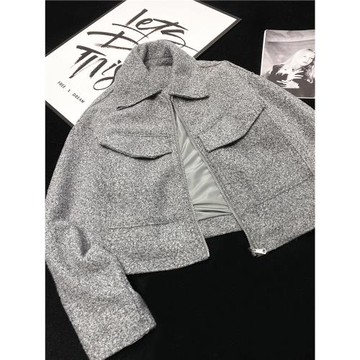 CCA自制INS博主款灰色短款毛呢夾克外套大口袋翻領高級灰呢子夾克