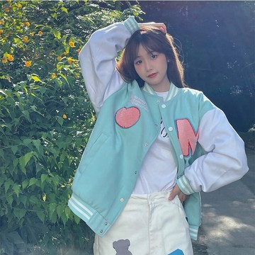 綠色棒球服女ins潮秋冬款加厚寬松美式復古休閑夾棉外套上衣