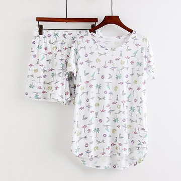 夏新款印花女潮兩件套圓領T恤 松緊腰短褲家居休閑裝單件賣J/15底