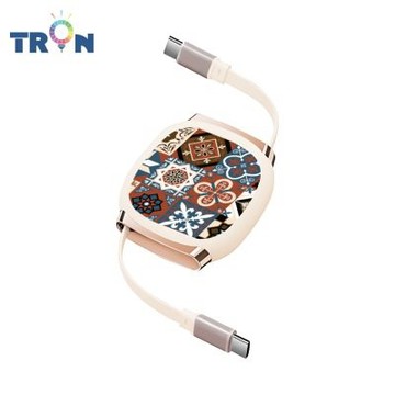 TRON 100W Type-C 伸縮快充線 1M 奶茶色 幾何復古花磚-1 4檔長度調整 可充筆電 適用i15以上手機 平板