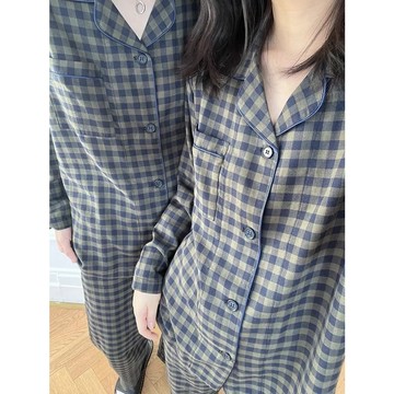 Xuan♥簡約格子棉質情侶睡衣女春秋季長袖開衫套裝青少年寬松男士家居服