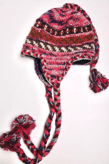 長辮熱粉配色純羊毛線手工編織全襯防風毛帽子護耳帽|保暖交換禮