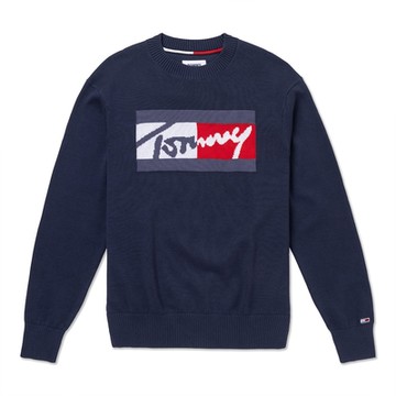 TOMMY 熱銷刺繡大Logo針織毛衣-藍色