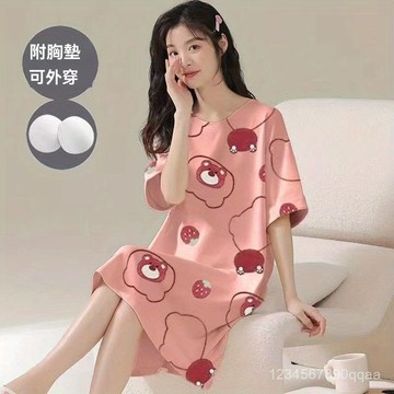 帶胸墊睡裙 夏天睡裙 睡裙女 寬鬆短袖睡裙 夏季大碼家居服 可愛卡通睡裙 睡衣女 家居服女