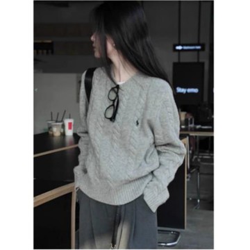 麻花刺繡灰色毛衣女秋冬慵懶高級感羊絨衫內搭羊毛針織打底衫上衣