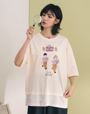 偵探人物塗鴉造型假兩件涼感T恤(兩色)