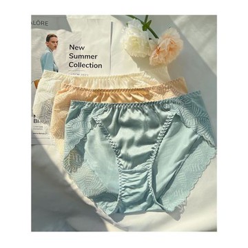 法單LP奢華素縐緞真絲蠶絲三角內褲高腰底褲蕾絲邊名媛風透氣親膚